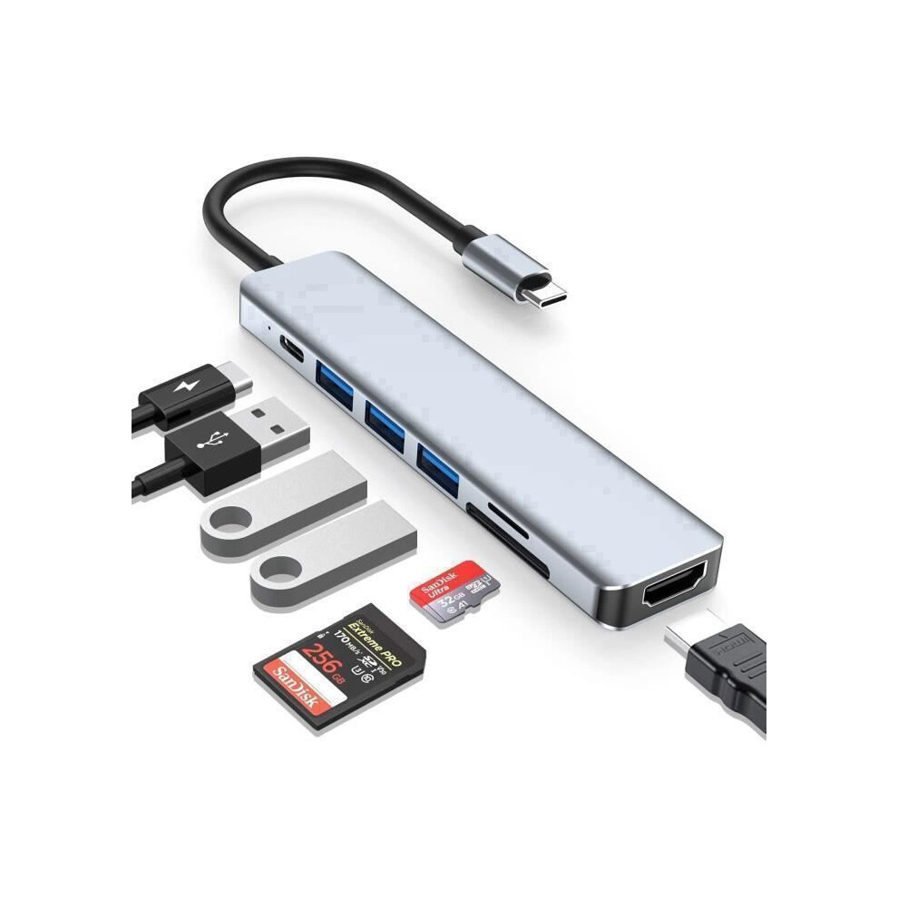 Usb C Hub 7 In 1 Multiport Adapter With Hdmi, Pd 87W Charging, Usb 3.0, Sd And Tf Card Slots 6083684376092
