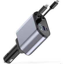 Chargeur de voiture 4 en 1 à charge ultra rapide 55 W avec câble rétractable pour smartphone et tablette, noir, compact et pratique