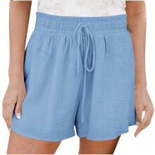 Womens Cotton Linen Shorts Elastic Waist Pleated-Sky Blue S