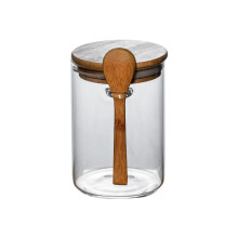 Ronde glazen voorraadpot met lepel, 400 ml, hoogwaardig borosilicaatglas.
