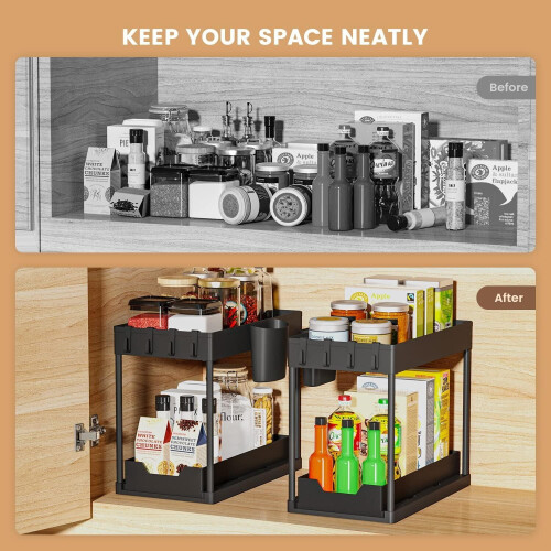 Under Sink Organizer with Hooks 2-Tier Sliding Drawer Black 2
