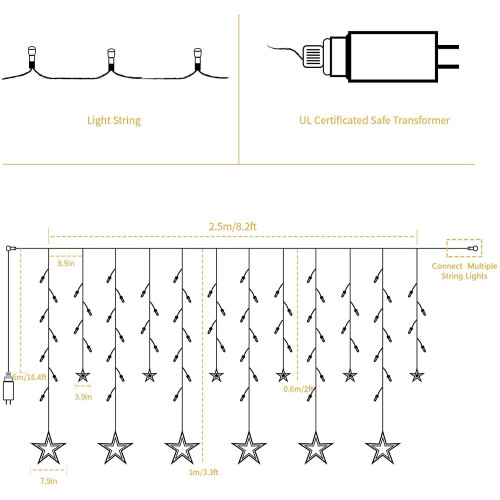 Sinhoon12Stars138LED Αδιάβροχα Φώτα Κουρτίνας, 8 Λειτουργίες Αναβοσβήματος, Μπλε - Συμβατά 2