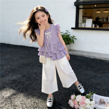 (Xiaofei sleeve suit purple, 110cm) Girls Summer Suit 2026 New Children's Fashionable Small Flying Sleeve Babydoll Summer Dress Denim Shorts