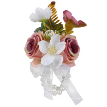 Stylish Pearls Accented Wrist Bouquets Silk-Rouge Color 1PCS