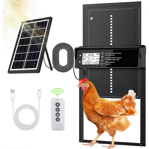 Automatic Chicken Coop Door Solar Powered with LCD Display, Timer, Light Sensor and Remote Control, Anti-Pinch Safety De