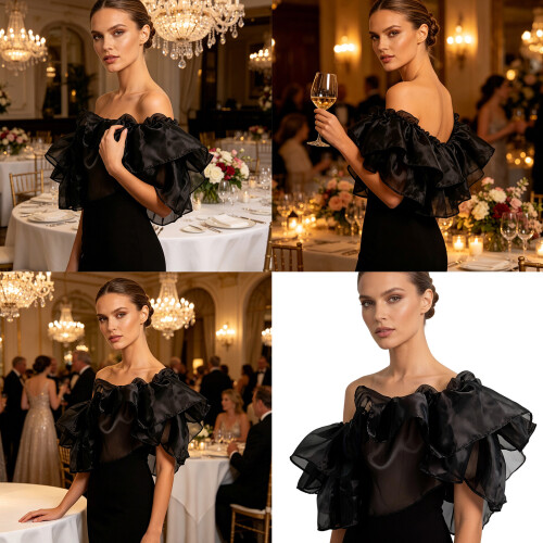 Wedding Shawl With Ruffle Design Comfortable Stretchable-Black 2
