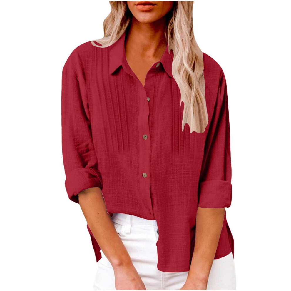 Burgundy Women's Elegant Linen Cotton Lapel Neck Fold- Xxxl