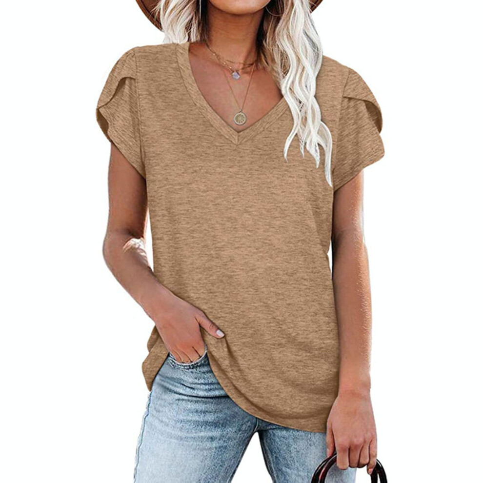 Womens T Shirts Petal Sleeve V Neck Casual Tees Basic-Khaki S