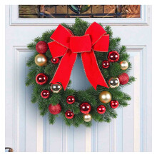 Artificial Pine Christmas Wreath with Red Bow and Red Gold