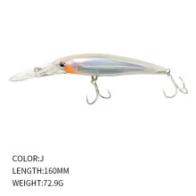 (J, 160mm/72.9g) Sea fishing lure long tongue trolling large minnow fake bait 160mm/72.9g floating water bait 9130