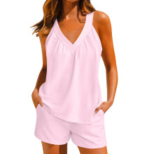 Linen Short Sets Women 2 Piece Outfits Vacation V Neck-Pink L