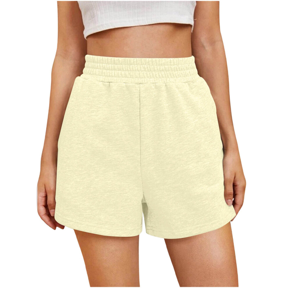 Beige WomenâS High Waist Sweat Shorts With Drawstring &- M