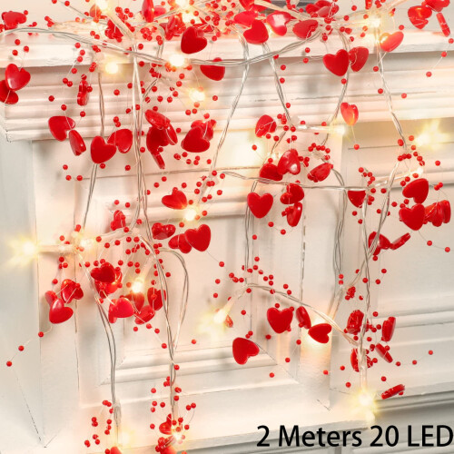 LED-Lichterkette mit roten Herzperlen, 20 Lichter, 2 m 1