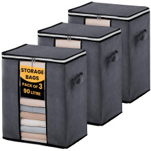 Clothes Storage Bags 90L Pack of 3 Foldable Large Storage Box Packing Boxes for Moving House With Reinforced Handle Clear Window for Clothes Duvet
