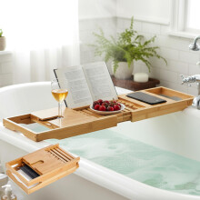 Bath Caddy Tray Natural Bamboo Bathtub Organizer Water Resistant Bath Tray For Bathroom Accessories Like Phone Glass Book