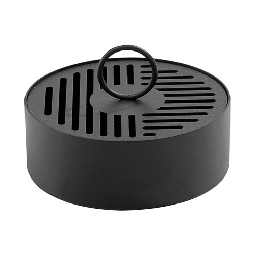 Contenitore portatile per spirali antizanzare con coperchio e maniglia.