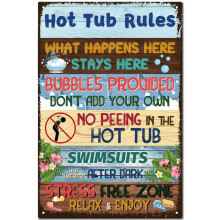 Metalowy znak z napisem "Retro Hot Tub Rules" 12x8 cali