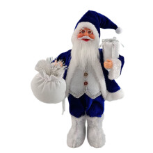 Poupée Père Noël en tissu bleu et blanc et plastique, 30 cm