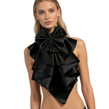 Luxurious Satins Detachable Collar with Elegant Ruffled-Black