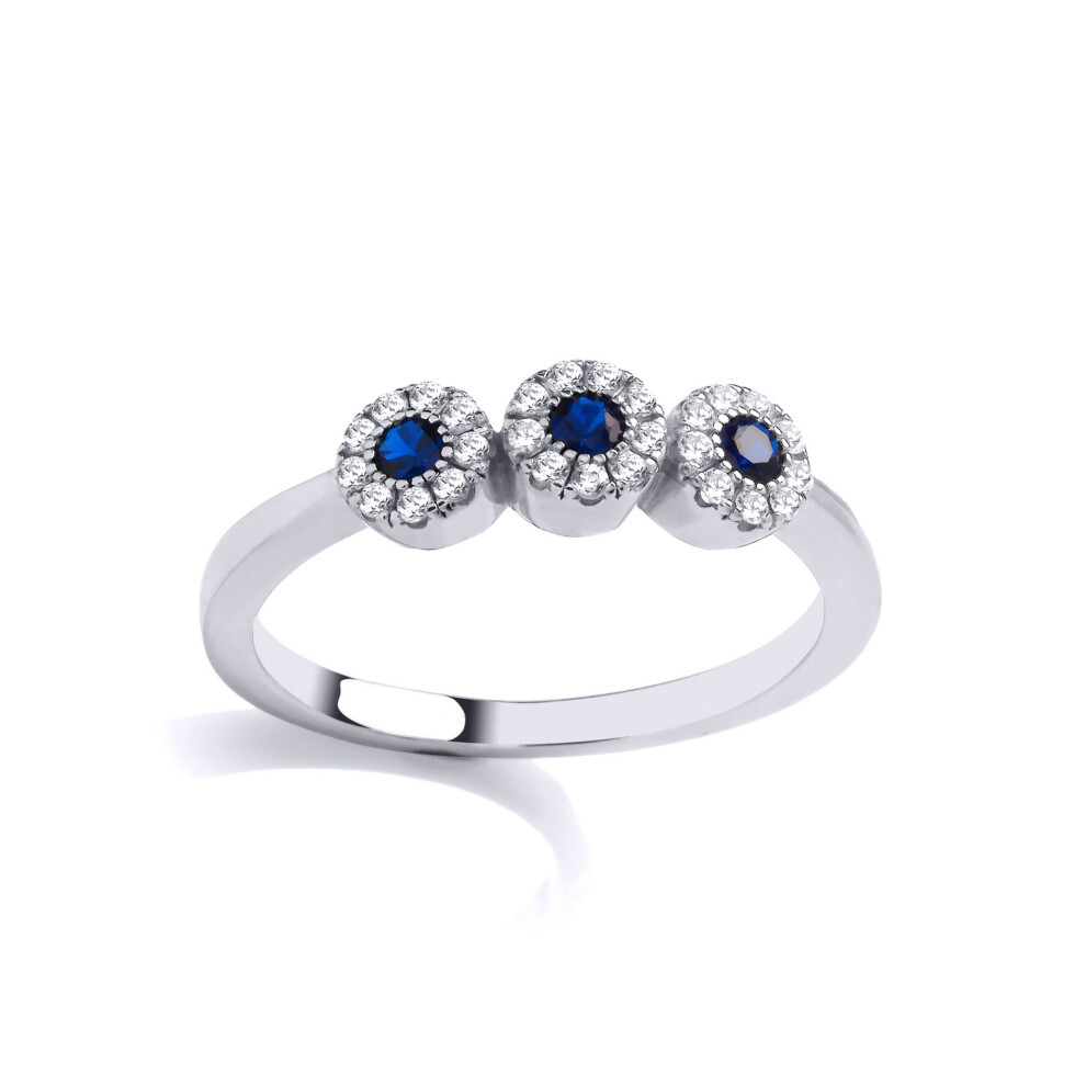 Jewelco London (Q) Ladies Rhodium Plated Sterling Silver Blue Cz Trilogy Halo Cluster Stacker Ring - Gvr915 Blue,Silver