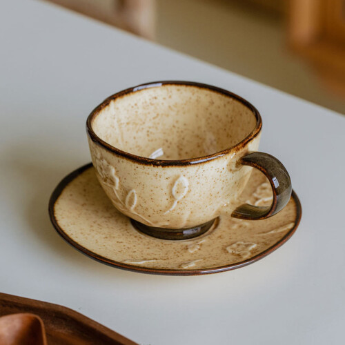 Ceramic Tea Cup Set Florals Embossed Pattern-antique brown 2