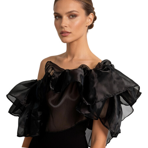 Wedding Shawl With Ruffle Design Comfortable Stretchable-Black