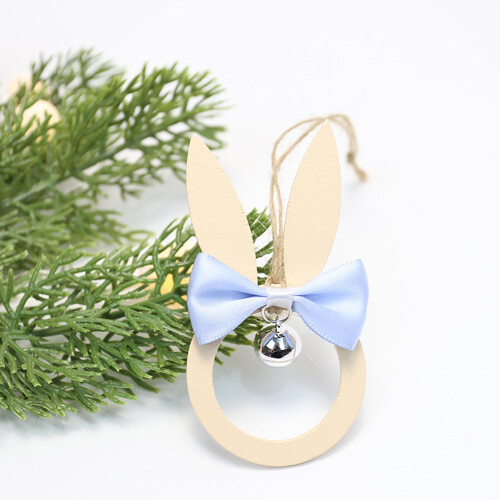 Wooden Easter Bunny Pendant with Bow and Bell Blue 1