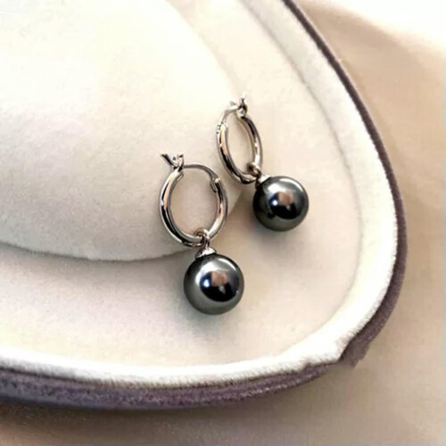 Black South Sea Shell Pearl Earrings Silver Hook 16 mm 2