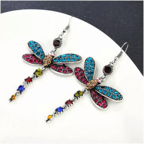 Dragonfly Cubic Zirconia Drop Earrings 925 Silver Blue 1