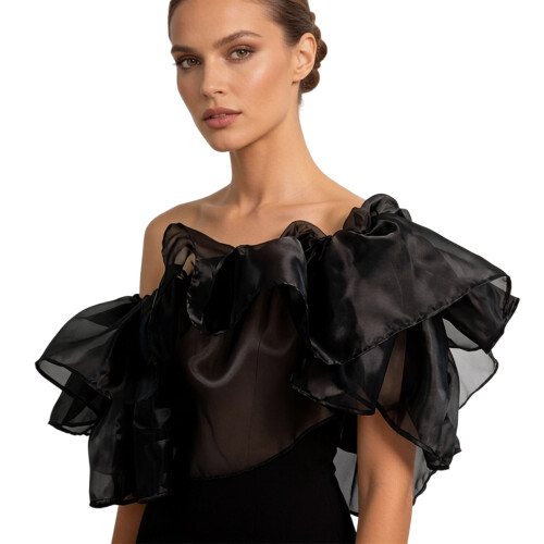 Wedding Shawl With Ruffle Design Comfortable Stretchable-Black