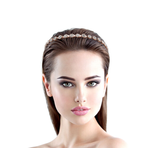 Fascia per capelli da sposa color oro rosa con gioielli e nastro