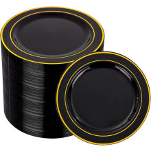 Assiettes en plastique noir et or, 100 pièces, 15,9 cm (6,25 pouces)