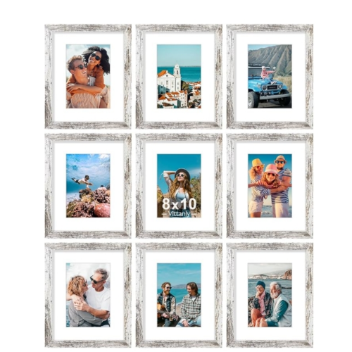 Ensemble de 9 cadres photo en bois composite blanc vieilli