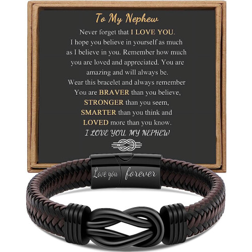 Pulseira masculina de couro trançado marrom e aço inoxidável