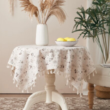 Nappe carrée à motifs floraux en coton et lin avec pompons (1 pièce)