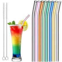 Reusable Bent Glass Straws 8mm 8-Pack Multicolor with 2