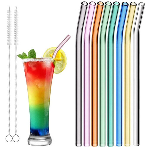 Reusable Bent Glass Straws 8mm 8-Pack Multicolor with 2
