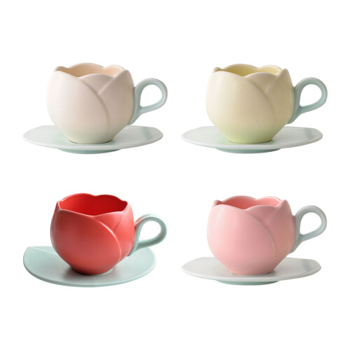 Elegant Tulips Shape Ceramic Coffee Cup And Saucers Set-White 1