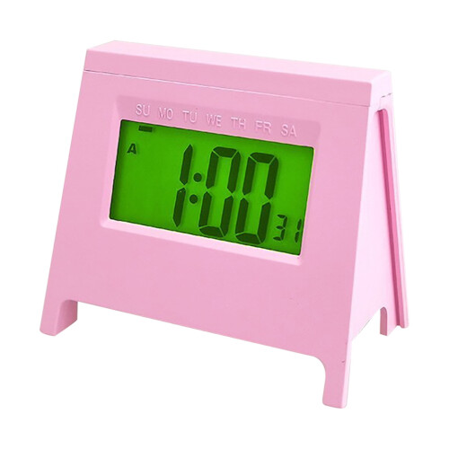 Mini despertador LCD com visor de temperatura e calendário.