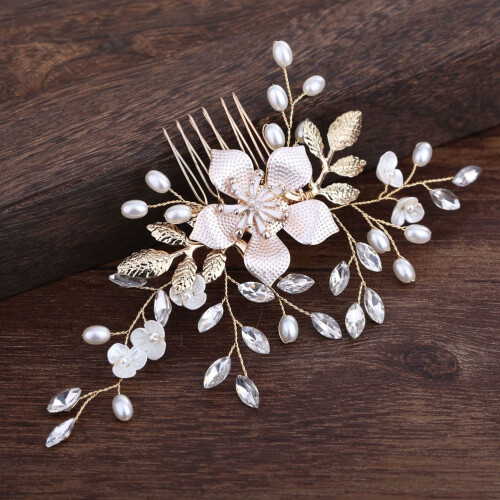 Pente de cabelo de noiva com strass dourado em liga de zinco 8,5 x 6,5 polegadas