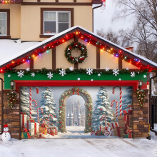Housse de porte de garage de Noël avec motif de neige, 213 x 488 cm