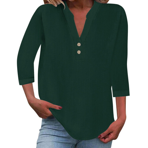 Women's cotton and linen shirt, solid color,-green L