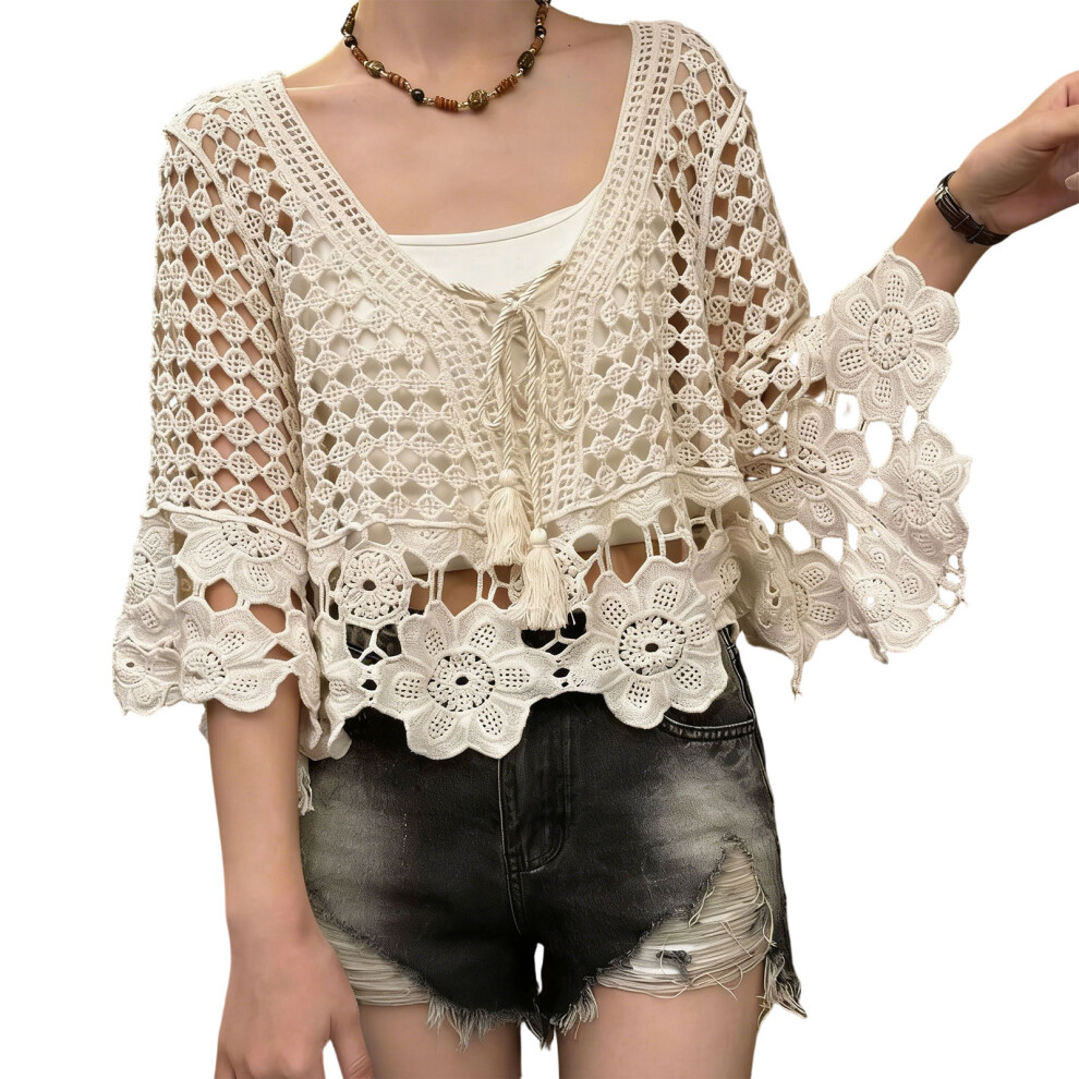 Breathable Crochet Knit Tops V Neck Design and- apricot os