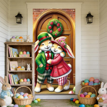 Décoration de porte de Pâques avec lapin et œufs, 180 x 89 cm