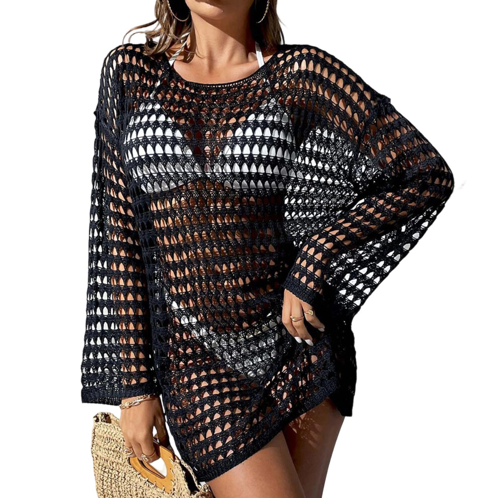 Black Womens Crochet Beach Dresses Swimsuit Swim Cover Up- S