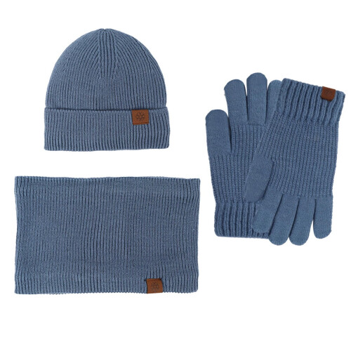 Winterstrickset, gefütterte Mütze, Halswärmer, Handschuhe, blau 1