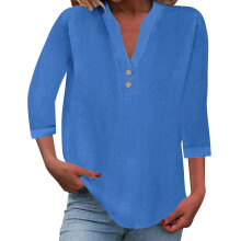 Women's cotton and linen shirt, solid color,-royal blue XXXL