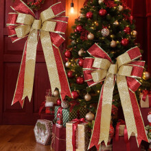 Décoration extérieure de sapin de Noël avec nœud et paillettes, 41 x 24 cm
