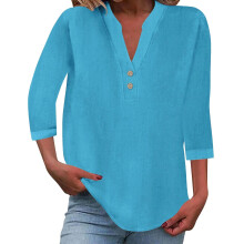 Women's cotton and linen shirt, solid color,-lake blue L