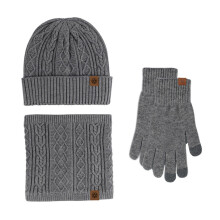 Winter Knit Set Fleece-Lined Beanie Neck Warmer Gloves Grey
